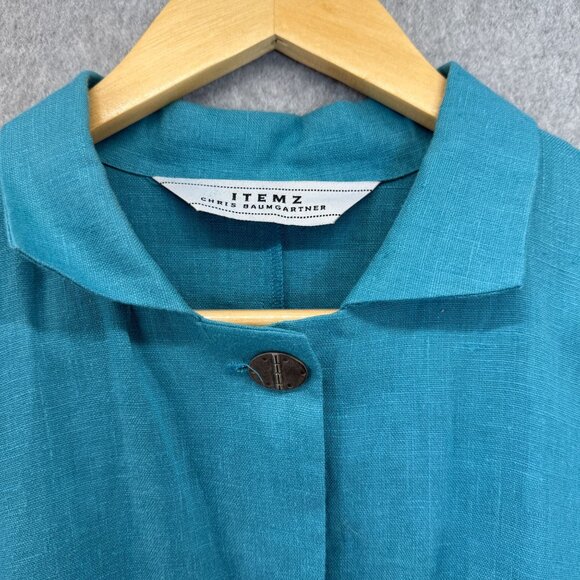 Itemz Chris Baumgartner One Size Button-Up Shirt Aqua Blue Linen Asymmetric Hem - Picture 3 of 12